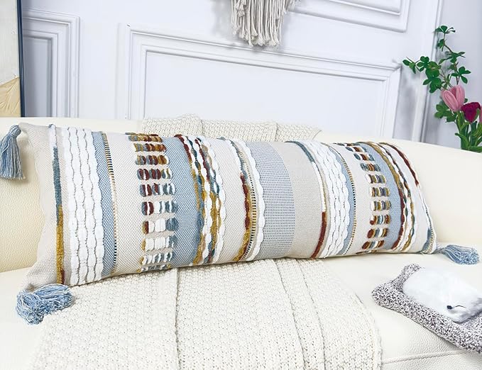 Chenille and Cotton Long Pillow for Bed, Striped Textured Boho Lumbar Throw Pillow Cover 12x36, Neutral Accent Decorative Extra Long Body Pillow Case for Couch, Sofa, Bedroom, Light Blue