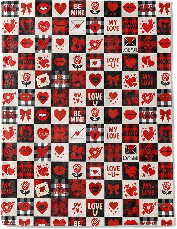 Valentine’s Day Decorative Throw Blanket Gifts for Mom, Wife, Buffalo Plaid Red Red Heart Lip Rose Love Letter Decoration Fleece Blankets for Couch Bed Sofa, Romantic Decor, 40x50 Inch