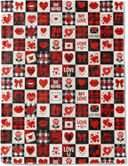 Valentine’s Day Decorative Throw Blanket Gifts for Mom, Wife, Buffalo Plaid Red Red Heart Lip Rose Love Letter Decoration Fleece Blankets for Couch Bed Sofa, Romantic Decor, 60x80 Inch