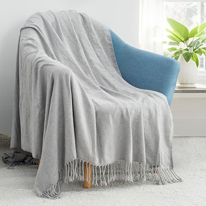 Chenille Throw Blanket for Couch with Tassels,55"X75" Soft Lightweight Knitted Boho Decorative Blankets for Bed and Sofa,Light Grey