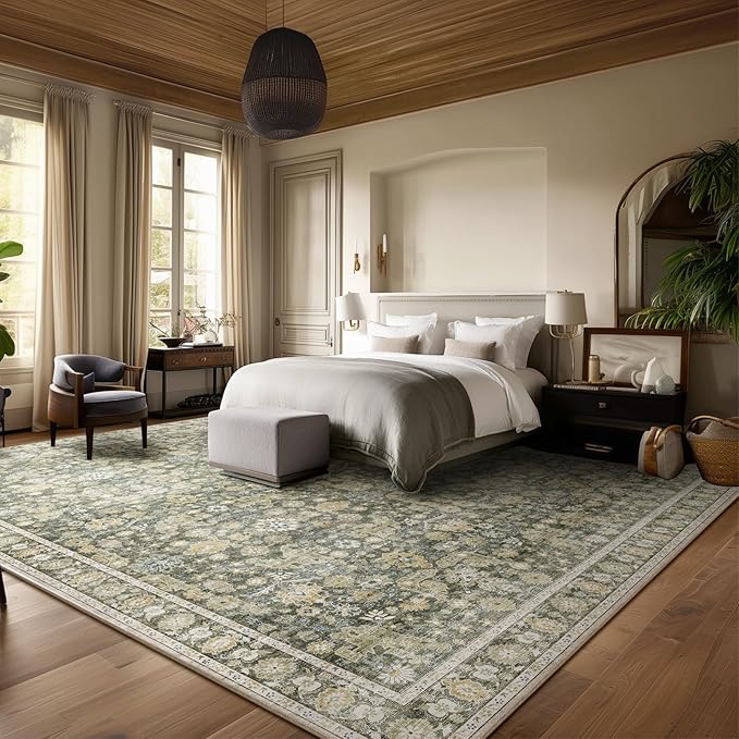 Washable Rugs for Living Room: 9x12 Area Rugs for Bedroom Ultral Soft Non-Slip Stain Resistant Vintage Boho Large Carpet for High-Traffic Dining Room - Farmhouse Decor