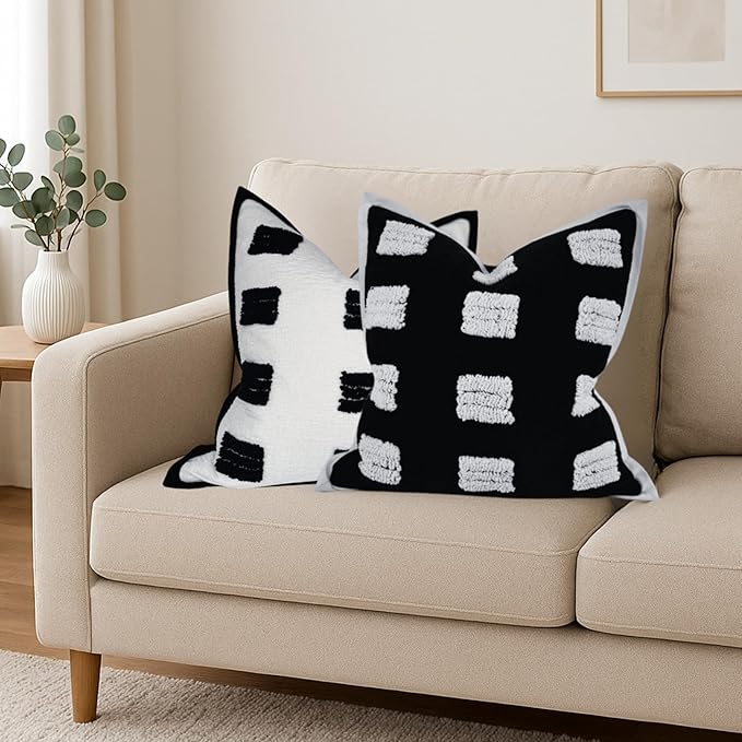 Tufted Boho Throw Pillow Cover, Soft and Luxurious Chenille Fabric, 18x18 inches, Decorative Black and White Pillowcase for Couch, Bedroom, Living Room, Modern Pillowcase for Home Decor