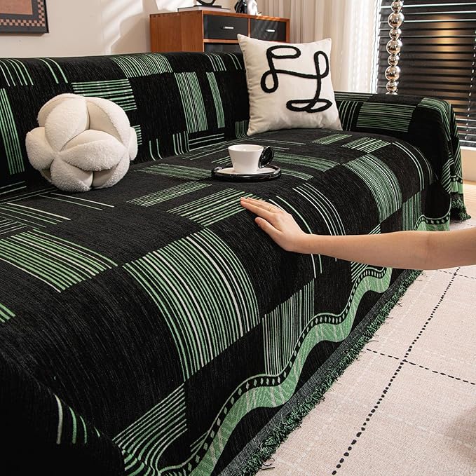 ROOMLIFE Ink Green Sofa Cover, Vintage Boho Couch Cover for 3 Cushion Sofa, Non Slip Chenille Sofa Slipcovers for Dog, Washable Furniture Sofa Protector Cover with Tassel for Living Room, 71''X118”