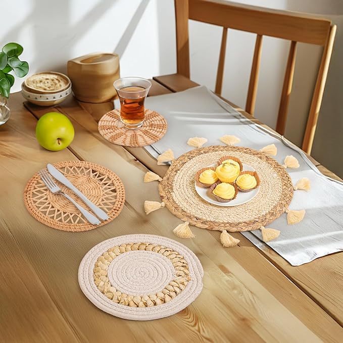 Teiyamsy 9 Pcs Boho Wall Basket Decor Handmade Woven Wicker Basket Wall Decor Round Farmhouse Hanging Wall Art for Rustic Home Living Room Kitchen Bedroom(Serene)