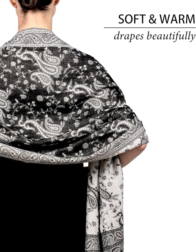 Achillea Reversible Paisley Pashmina Rave Scarf – Exotic Indian Shawls and Wraps for Evening Dresses, Festivals, All Seasons