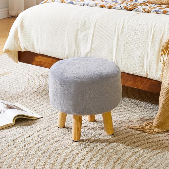 YMYNY Round Pouf Ottoman Small Foot Stool Faux Fur Foot Rest for Couch Modern Boho Footstools with Wood Legs for for Living Room Bedroom Office 12.6" D×12.6" W×12.6" H Grey UHBD035G