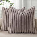 Pallene Faux Fur Plush Throw Pillow Covers 20x20 Set of 2, Luxury Soft Fluffy Striped Decorative Pillow Covers for Sofa, Couch, Living Room, Light Coffee