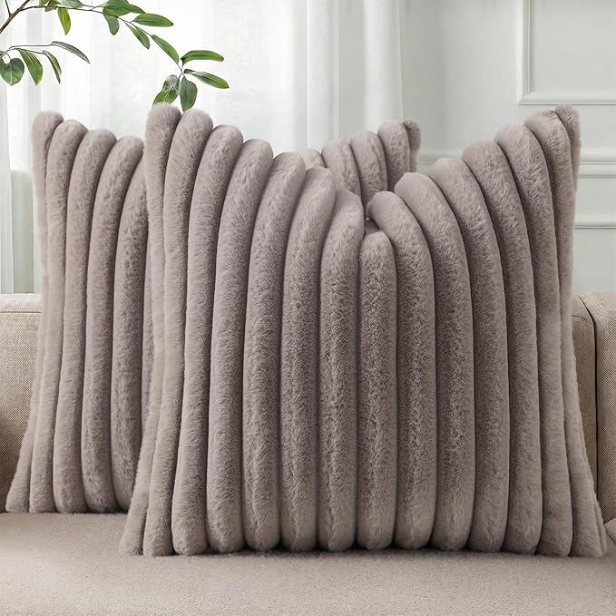 Pallene Faux Fur Plush Throw Pillow Covers 20x20 Set of 2, Luxury Soft Fluffy Striped Decorative Pillow Covers for Sofa, Couch, Living Room, Light Coffee