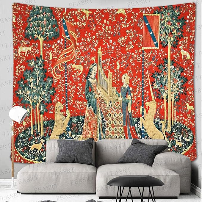 FEASRT European Royal Unicorn with Lion Tapestry, Maiden and Lady, Large 100x90 Inches Soft Flannelette, for Bedroom Living Room Dorm