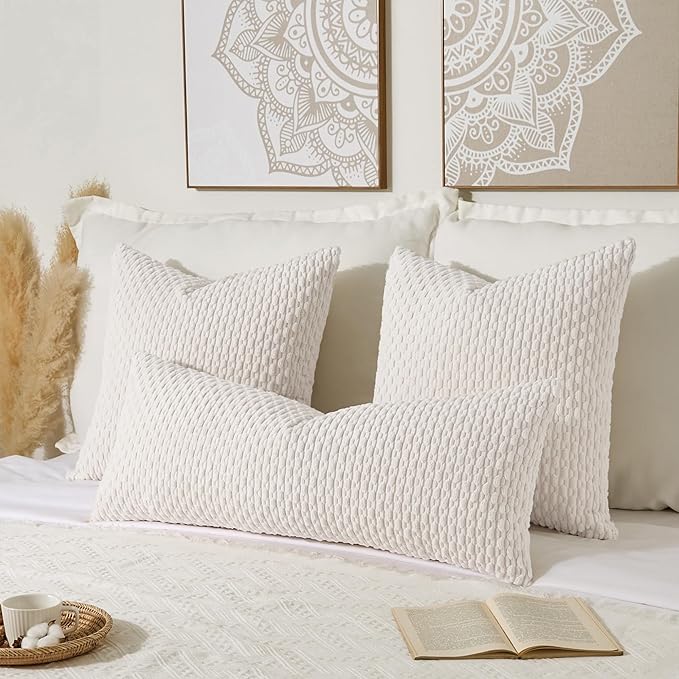 Kevin Textile 12x20 Inch Pillow Cover 1 Pack Boho Christmas Decorative Soft Striped Corduroy Lumbar Farmhouse Color Accent Rectangle Cushion Case for Living Room Couch Sofa Bed, Pure White
