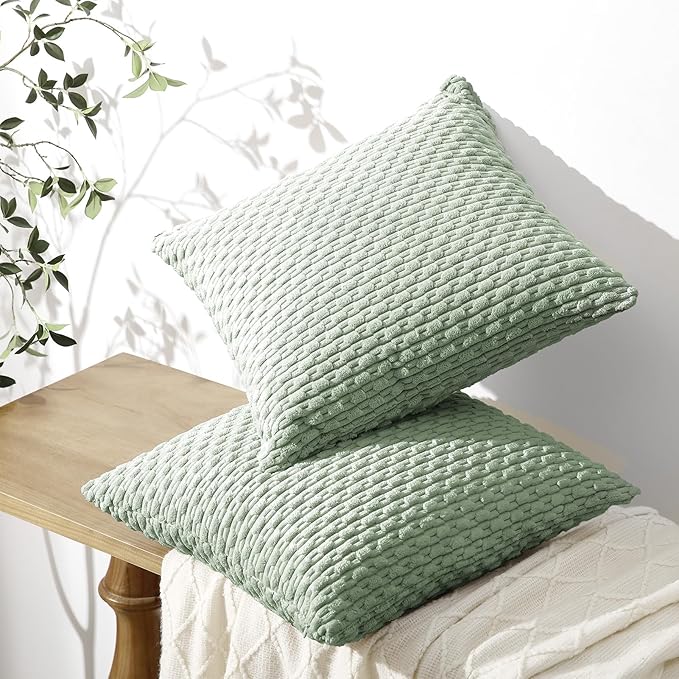 Softalker Throw Pillow Covers 18x18 Inch, Set of 2, Soft Corduroy Boho Stripe Decorative Pillow Cover, Couch Fluffy Pillow Cover for Farmhouse Home Decor Bed Living Room, Sage Green