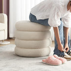 Boucle Ottoman with Storage, Small Round Footrest Stool for Living Room Bedroom, Upholstered Sherpa Vanity Seat with Removable Lid, Modern Comfy Foot Stool for Couch Entryway, Off White
