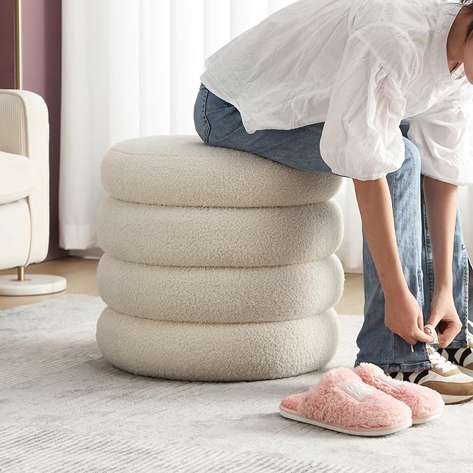 Boucle Ottoman with Storage, Small Round Footrest Stool for Living Room Bedroom, Upholstered Sherpa Vanity Seat with Removable Lid, Modern Comfy Foot Stool for Couch Entryway, Off White