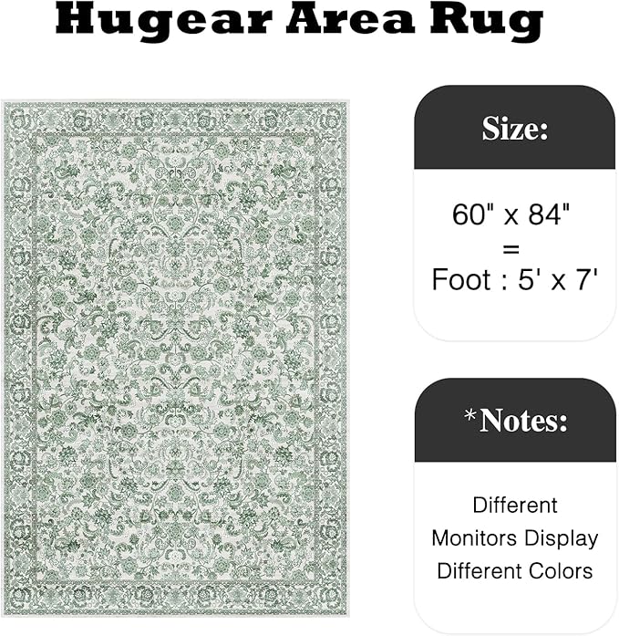 HUGEAR Green Area Rug 5x7 Machine Washable Living Room Rugs Distressed Neutral Vintage Floral Low Pile Carpet Bedroom Office Dining Room Laundry Room Non Slip Soft Lightweight