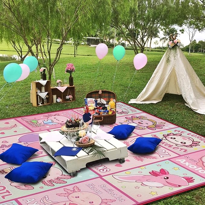 Extra Large Picnic Blankets Waterproof Foldable (80"x 80") Axolotl Beach Blanket Waterproof Sandproof,3-Layer Thicking Mat Outdoor Packable Camping Blanket