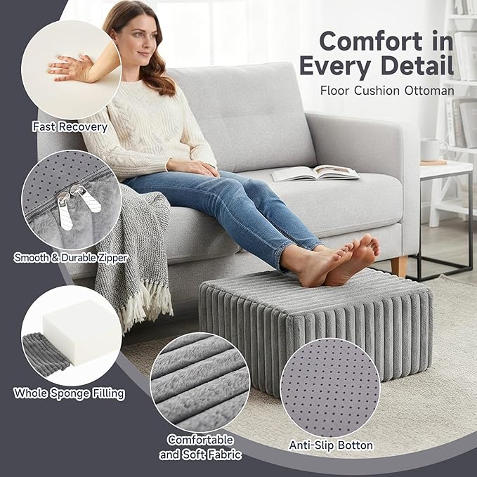 Tiita Suqre Stuffed Pouf Ottoman, Stripe Poufs 21×21×10 inch with Foam Chunk Filling, Floor Bean Bag Floor Chair Storage for Living Room Bedroom Home Decor, Grey