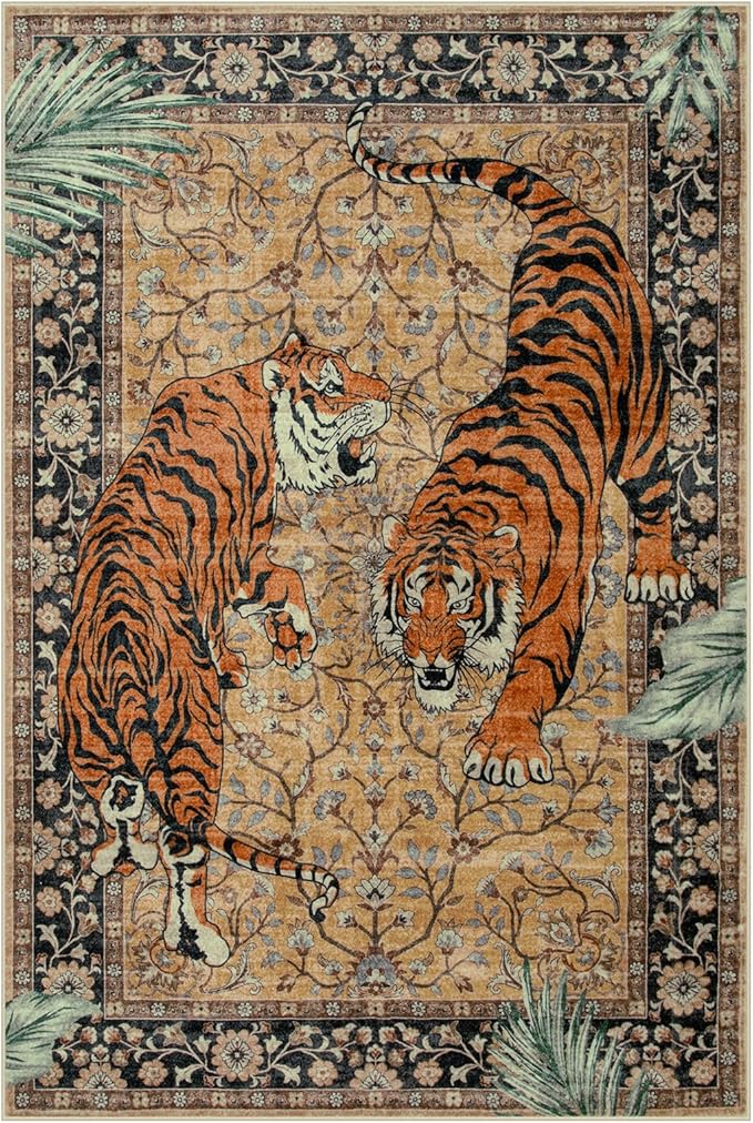 Moynesa Tiger 6x9 Rug, Washable Large Rugs for Living Room, Vintage Non Slip Boho Bedroom Area Rug, Ultra Thin Soft Indoor Floor Carpet for Dining Room Home Office, Camel