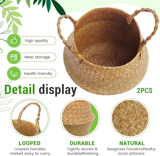 Large Wicker Plant Basket with Handle 10 Inch Woven Seagrass Belly Basket and Artificial Moss for House Plants Picnic Grocery Laundry Storage Home Decor(Small, Medium, Large,Original,3 Pack)