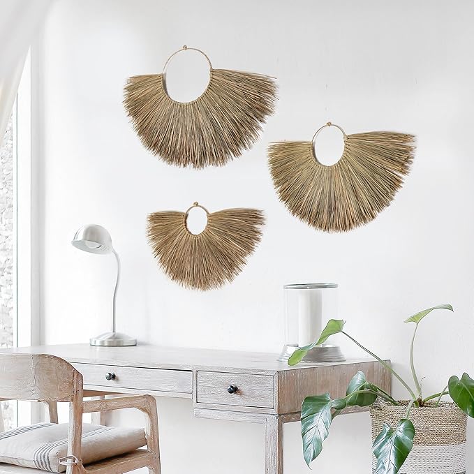 PEMAR Rustic Boho Wall Hanging Decor: Set of 3 Woven Seagrass Fans - Perfect for Living Room, Bedroom & Headboard Art (XL: 35.4" D, L: 27.6" D, M: 19.7" D)