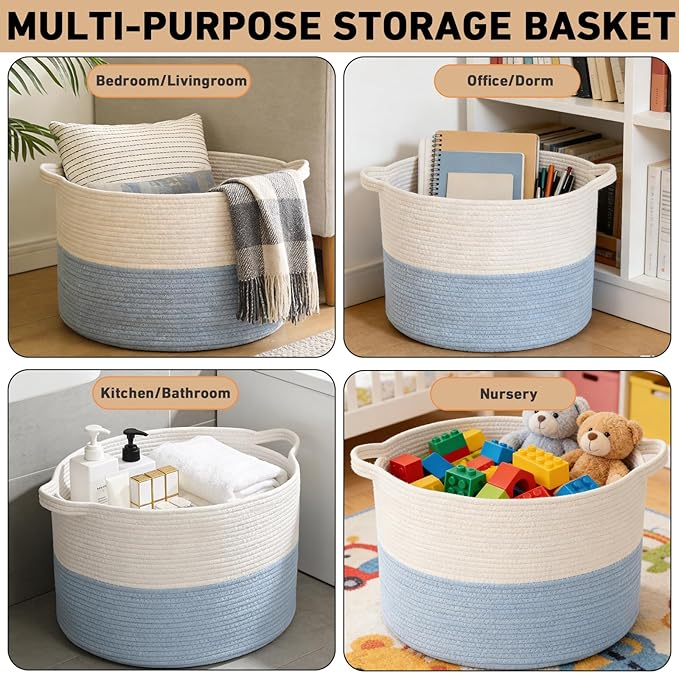 115L Large Blanket Basket,23.6" L x 23.6" W x 15.7" H Rope Woven Baskets with Handles, Toys Storage Bins,Laundry Basket Perfect for Living Room, Nursery,Bedroom,Home Organization,White&Blue