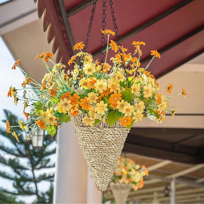 2 Pcs Hanging Plant Flower Basket for Outdoor Spring Decoration, 7.87 Inches Black Iron Chain Wicker Woven Conical Artificial Flower Hanging Basket, Plants Not Included (Brown)