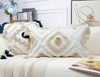 Modern Long Lumbar Throw Pillow Cover 16 x 24,Cotton and Linen Tufted Decorative Boho Long Lumbar Pillow Case for Couch Sofa Bed Farmhouse Chair Outdoor,Khaki&Beige&White
