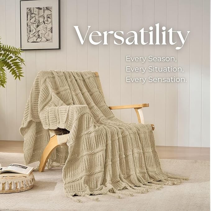 Boho Knitted Chenille Blanket with Tassels - Lightweight & Soft All-Season Throw - 3D Classic Pattern for Living Room Bedroom Couch, Sandy Beige, Throw 50"x60"