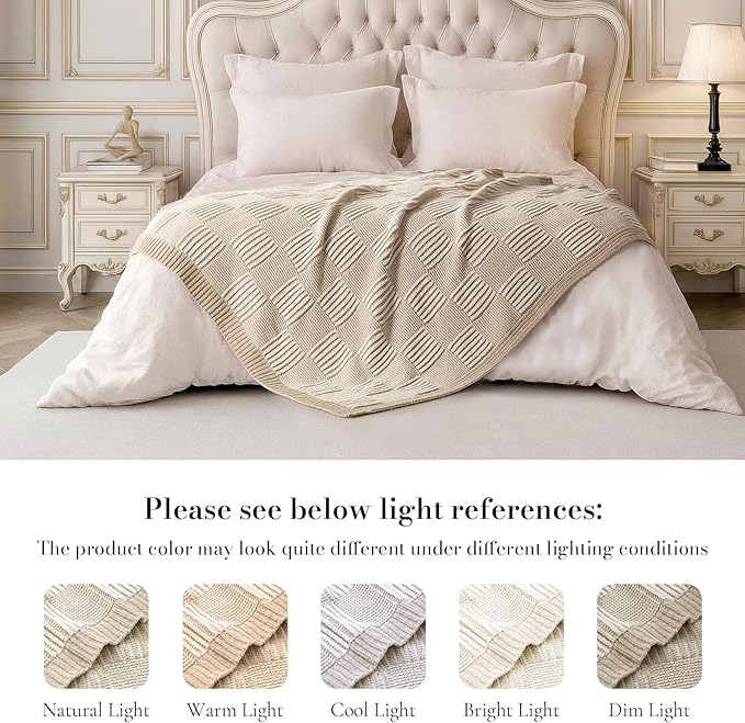 Amélie Home Checkered Knit Throw Blanket for Couch, Chenille Texture Decorative Soft Blanket for Sofa & Chair, 60"x80", Beige & Ivory
