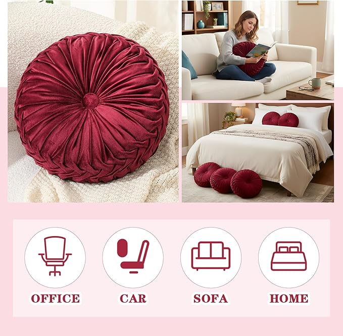 Round Throw Pillows Decorative Pleated Throw Pillows 15'' Diameter Accent Pumpkin Boho Chair Cushion for Couch Sofa Home Decoration(Burgundy,1 Pcs)