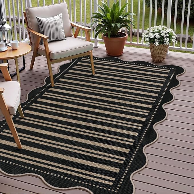 Striped Easy Jute Outdoor Patio Rug, 3x5 Washable Rugs for Entryway Indoor Outdoor Living Room Area Rug, Farmhouse Non Slip Black Carpet for Backyard Bedroom Porch