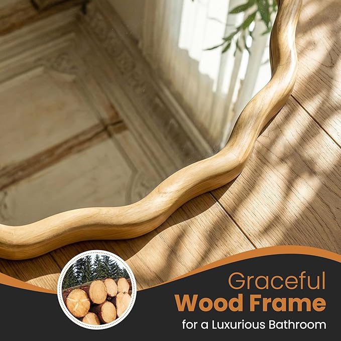 Round Wood Mirrors for Wall, 28" Boho Circle Wavy Mirror with Wooden Frame, Decorative Mirror with Tempered Glass, Natural Wooden Frame Vanity Mirror for Bedroom, Living Room, Entryway