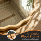 Round Wood Mirrors for Wall, 28" Boho Circle Wavy Mirror with Wooden Frame, Decorative Mirror with Tempered Glass, Natural Wooden Frame Vanity Mirror for Bedroom, Living Room, Entryway