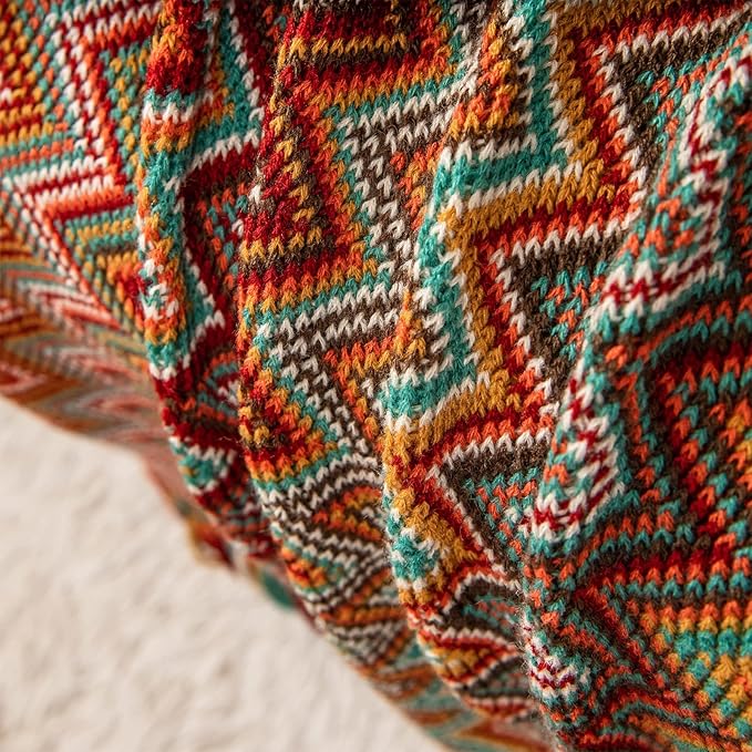 lifein Fall Boho Throw Blanket for Couch - Soft Knitted Farmhouse Bed Throw, Cozy Small Lightweight Blankets&Throws with Tassel for Autumn,Woman,Home Decor,Bed,Chair,Sofa,Gift(Bohemia Red,50 * 60")