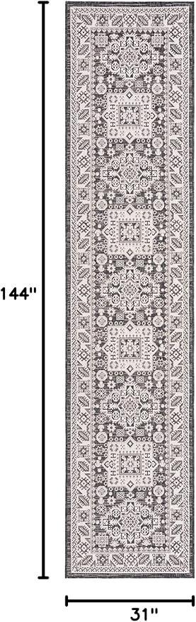 Rugs.com Outdoor Aztec Collection Rug – 12 Ft Runner Charcoal Gray Flatweave Rug Perfect for Hallways, Entryways