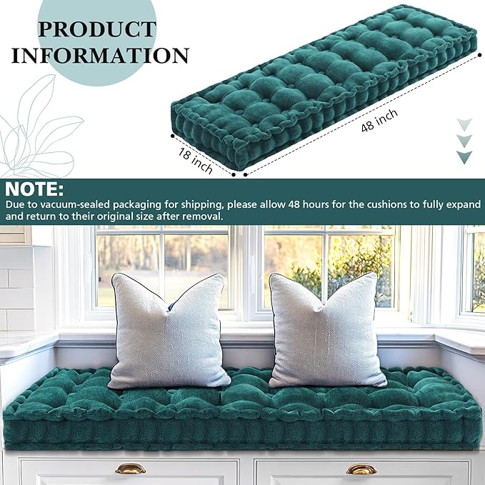 Geelin 48x18 Inch Bench Cushions for Indoor Furniture Chenille Dark Green Velvet Button Tufted Thicken Seat Pad Mat with Memory Foam, Window Floor Sofa Chair Cushion for Living Room Porch Swing