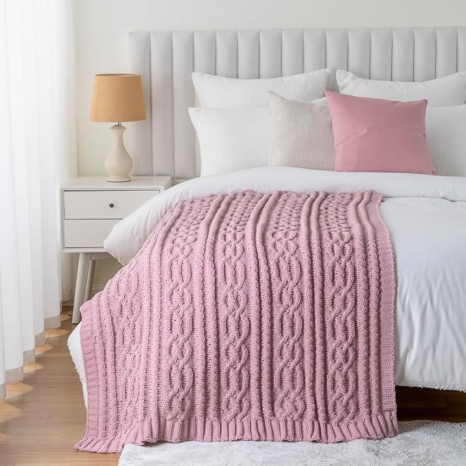Battilo Pink Throw Blanket for Couch, Cable Knit Blanket, Soft Chenille Throw Blanket, Cozy Warm Blankets for Girls Daughter Women Gifts for Mom, 51"x67", Blush