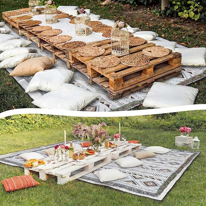 91x 71 in Extra Large Outdoor Picnic Blanket with Waterproof Mat Oversize Beach Woven Cotton Yarn Blanket with Fringe Machine Sandproof for Spring Summer Camping Beach Park(Diamond,Brown)