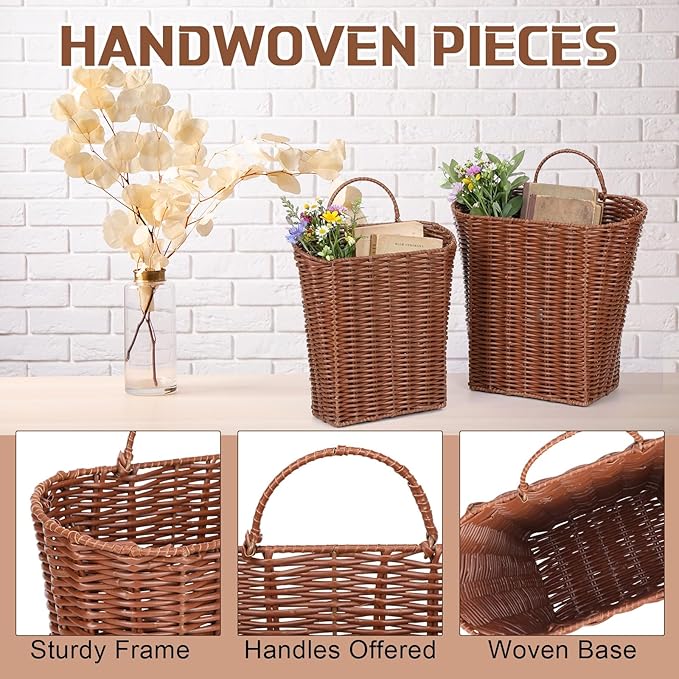 2 Pack PE Rattan Hanging Wall Basket Wicker Hanging Basket for Front Door Mail Flowers Books Accessories Organizing Boho Rustic Farmhouse Wall Decor (Oval Opening)