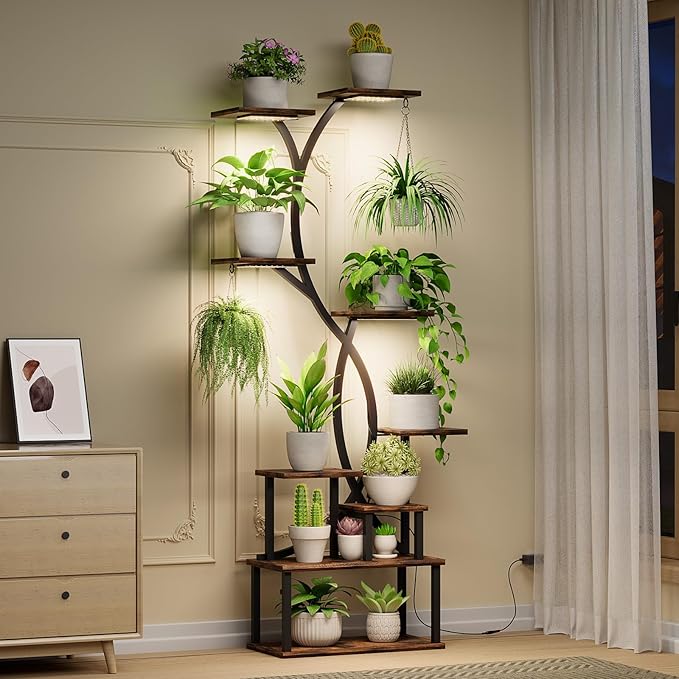 Plant Stand Indoor with Grow Lights 9 Tiered Wood Indoor Plant Shelf 62" Tall Plant Stand Metal Frame for Indoor Plants Multiple Flower Pot Holder, Large Plant Rack for Living Room Patio Corner