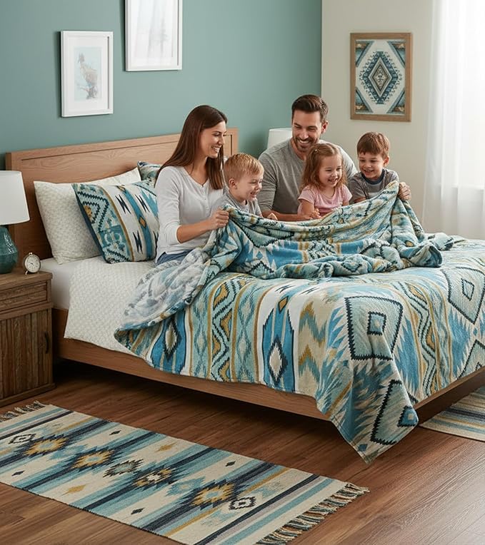 Aipon Boho Aztec Throw Blanket 60"x 80", Western Indian Native American Blanket Southwestern Decor, Teal Soft Cozy Lightweight Throws Blankets Gifts for Women Men Couch Bed Sofa Chair