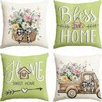 AVOIN colorlife Bless Our Home Eucalyptus Leaves Throw Pillow Covers, 16 x 16 Inch Spring Summer Truck Cushion Case for Home Sofa Couch Set of 4
