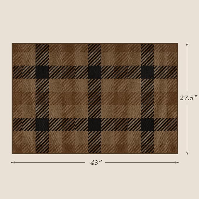 Brown Checkered Rug for Under Door Mat Outdoor - 2'3" x 3'7" (27.5" x 43") Washable Easy Jute Plaid Rug for Entryway, Kitchen, Earthy & Coffee Rustic Accent Neutral Front Porch Décor