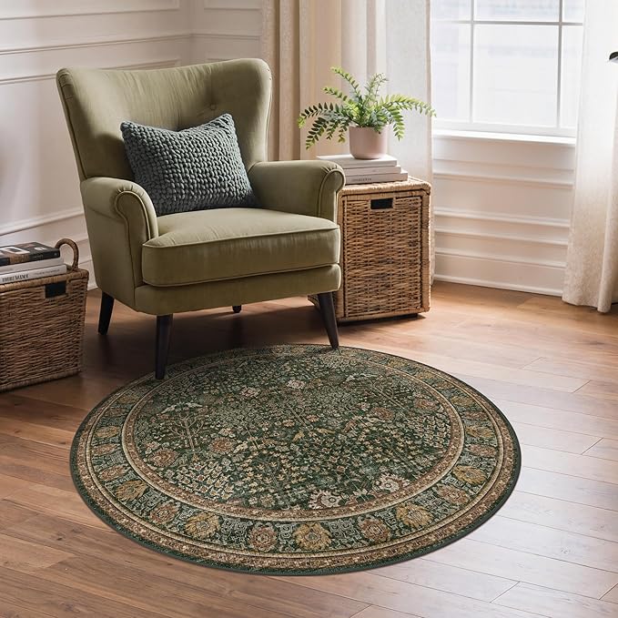 Bavni Round Rug 3ft-Machine Washable Area Rugs Non-Slip for Bedroom, 3x3 Vintage Floral Rug Distressed Throw Carpet for Living Room Nursery Kitchen Bathroom, Dark Green/Multi