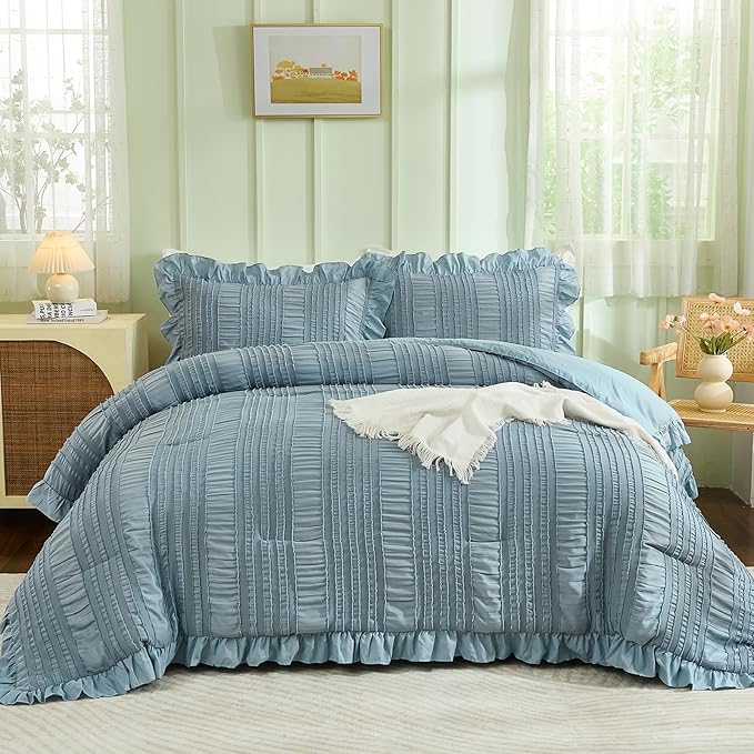 WONGS BEDDING Blue Comforter Set King,3 Pieces Ruffle Farmhouse Shabby Chic Boho Comforter for King Bed,Soft Textured Bedding Set with 1 Ruffle Comforter,2 Tufted Pillowcases 104"×90"