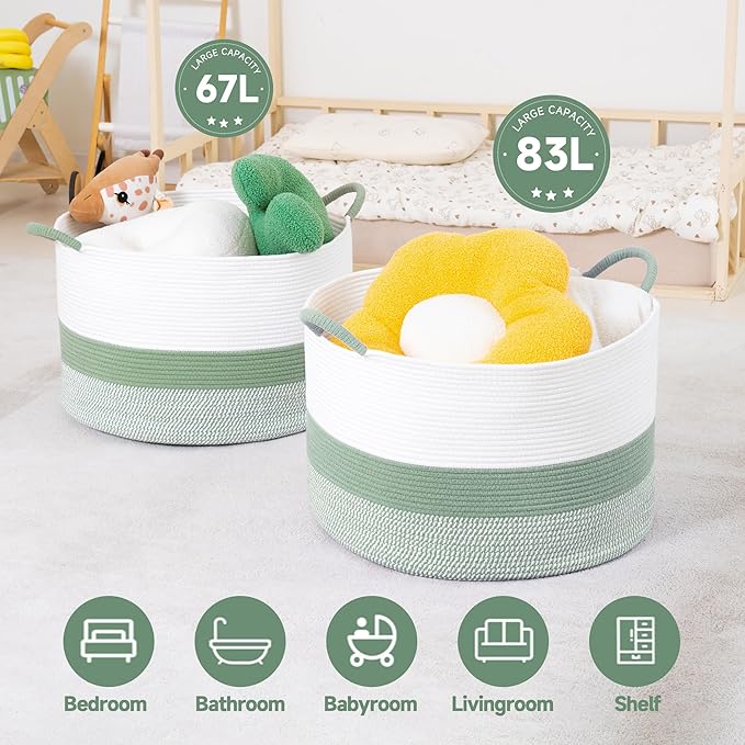 CLHMILY&Z Round Cotton Rope Storage Basket - 22x14.2 Inches - Cute Nursery Bin, Baby Toy Organizer, Green Organizer for Home Decor, Multi-Purpose Home Tidy Solution
