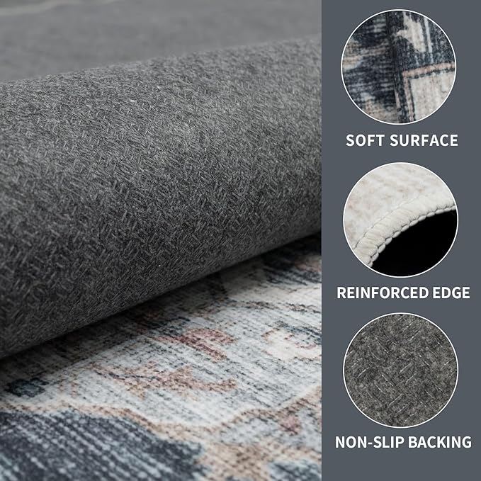 3x5 Vintage Washable Area Rug for Living Room,Low Pile Non Slip Carpet Non-Shedding Small Area Rug Soft Indoor Stain Resistant Rug Floral Print Mat for Bedroom Dining Room Blue Beige