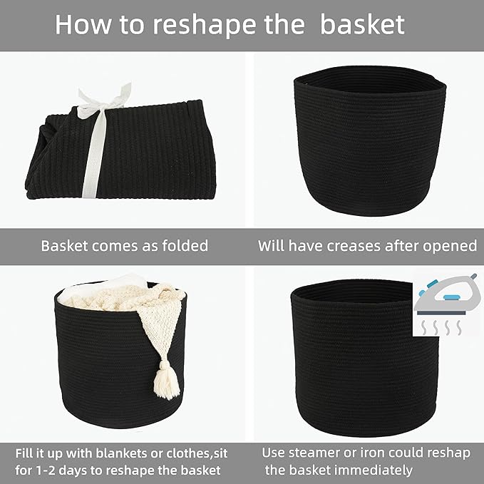 Cotton Rope Basket For Girls Boys Kids 16”X14” Baby Laundry Basket Nursery Bin Round Woven Baskets Organizer For Storage Toys Blankets Shoes Clothes black