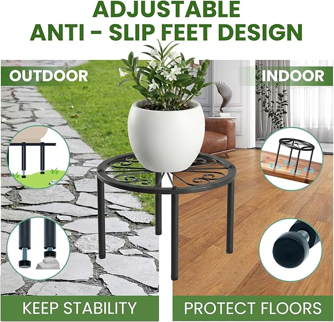 TOSKING Heavy Duty Metal Plant Stand for Indoor Outdoor, 10.2" Rustproof Wrought Iron Potted Plant Holder with 4 Adjustable Feet, Classic Scroll Pattern Round Rack for Drink Dispenser, Black