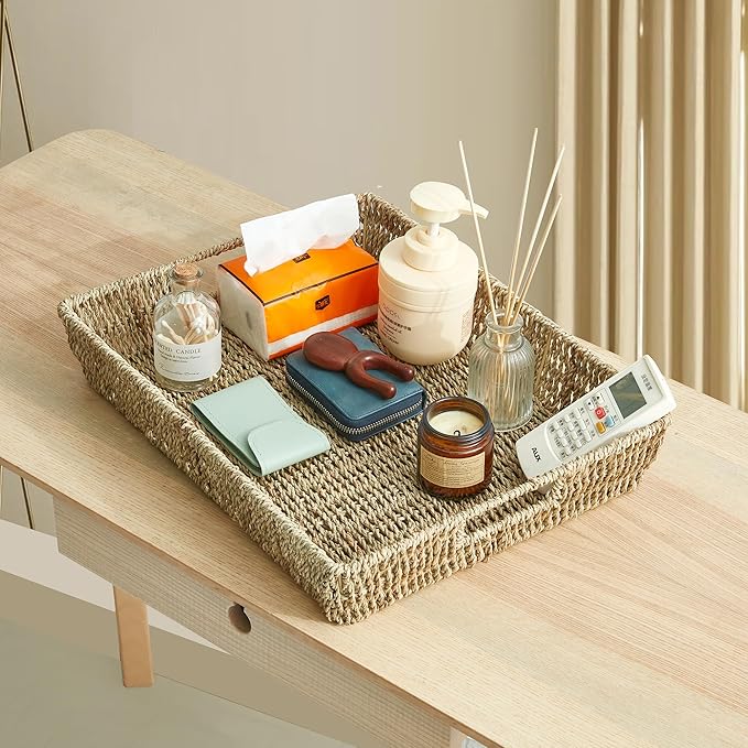 16.93 inch Rectangular Wicker Tray, Hand-Woven Rattan Serving Trays with Handles for Snack Drinks Coffee Table Tray, Seagrass 1Pack