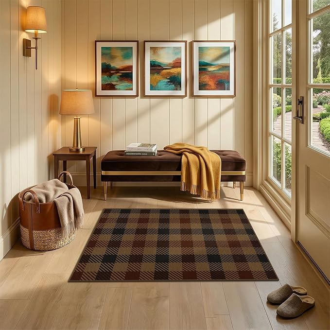 JTJ Vintage Large Door Mat Indoor Entrance - 3x4 Easy Jute Fall Rugs Outdoor for Patio, Balcony, Kitchen, Mudroom, Washable Earthy Brown and Red Checkered Elegence Décor
